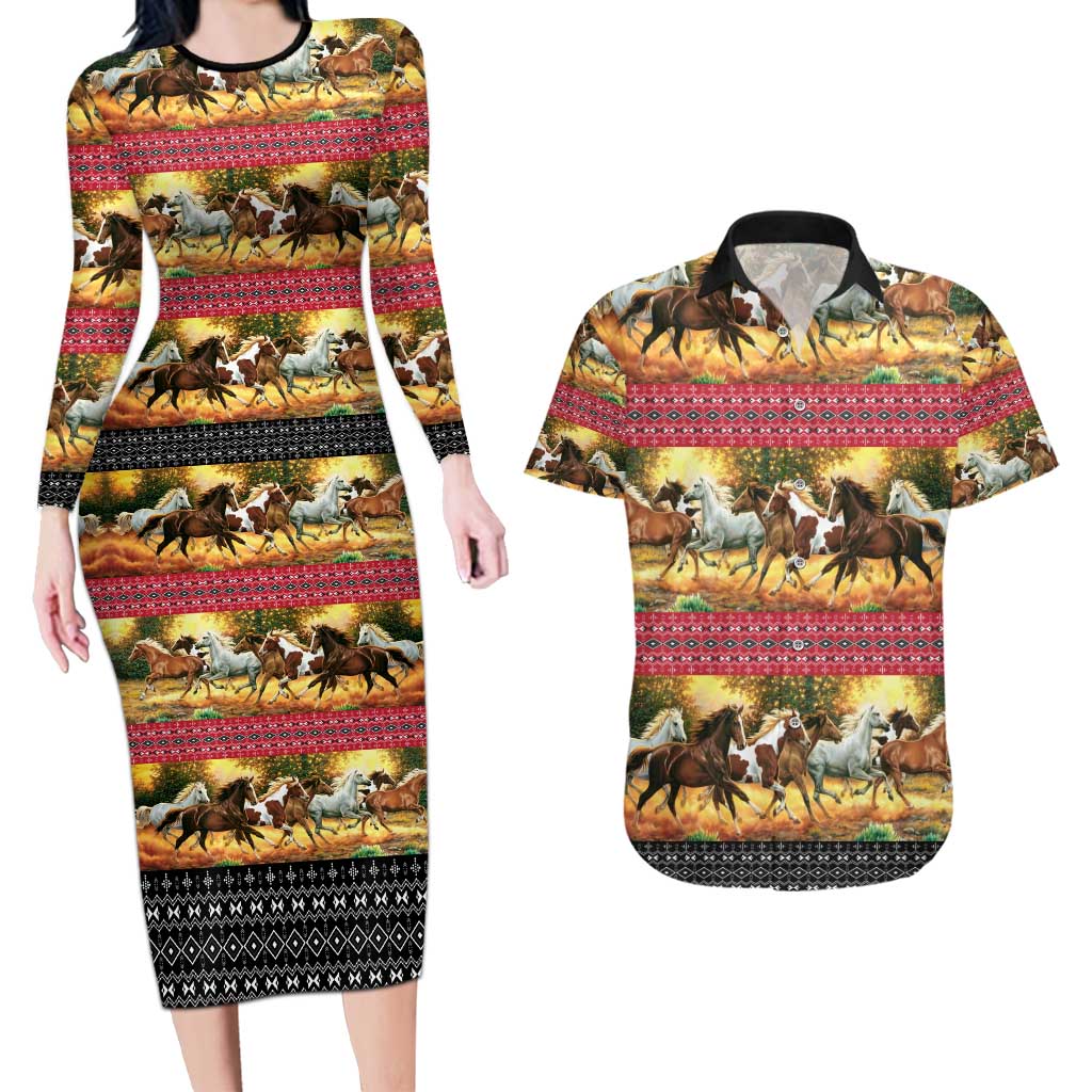 Horse Native American Pattern Christmas Christmas Couples Matching Long Sleeve Bodycon Dress and Hawaiian Shirt Xmas Holiday Patterns - Wonder Print Shop