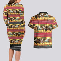 Horse Native American Pattern Christmas Christmas Couples Matching Long Sleeve Bodycon Dress and Hawaiian Shirt Xmas Holiday Patterns - Wonder Print Shop