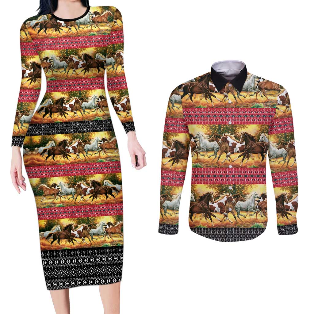Horse Native American Pattern Christmas Christmas Couples Matching Long Sleeve Bodycon Dress and Long Sleeve Button Shirt Xmas Holiday Patterns - Wonder Print Shop
