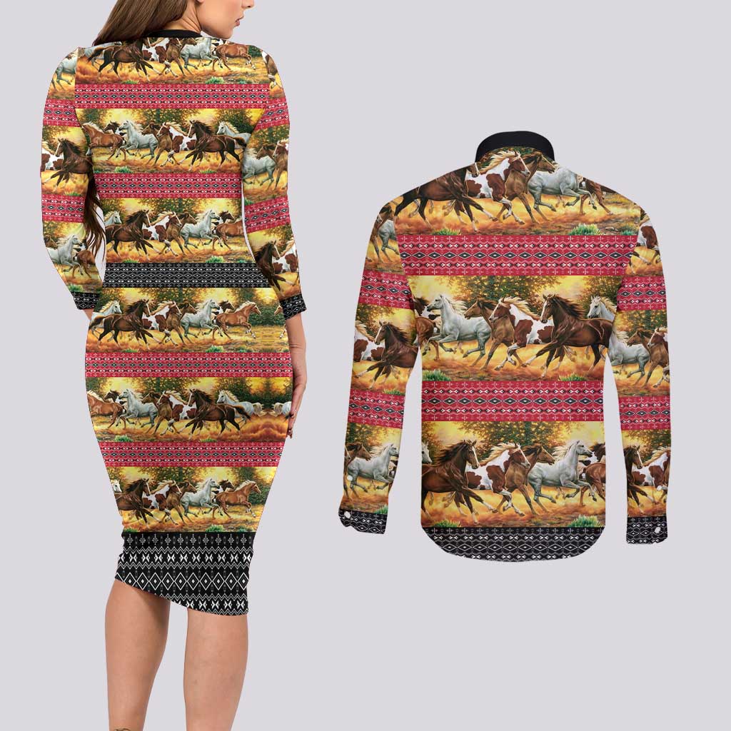 Horse Native American Pattern Christmas Christmas Couples Matching Long Sleeve Bodycon Dress and Long Sleeve Button Shirt Xmas Holiday Patterns - Wonder Print Shop