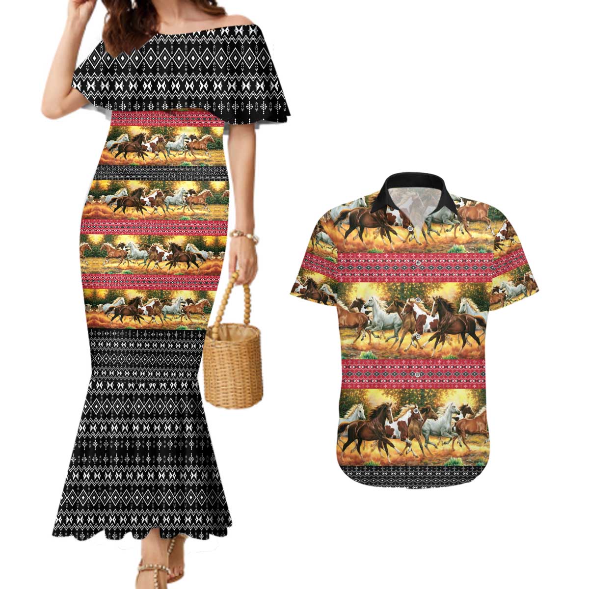 Horse Native American Pattern Christmas Christmas Couples Matching Mermaid Dress and Hawaiian Shirt Xmas Holiday Patterns - undefined