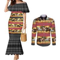 Horse Native American Pattern Christmas Christmas Couples Matching Mermaid Dress and Long Sleeve Button Shirt Xmas Holiday Patterns - Wonder Print Shop