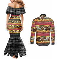Horse Native American Pattern Christmas Christmas Couples Matching Mermaid Dress and Long Sleeve Button Shirt Xmas Holiday Patterns - Wonder Print Shop