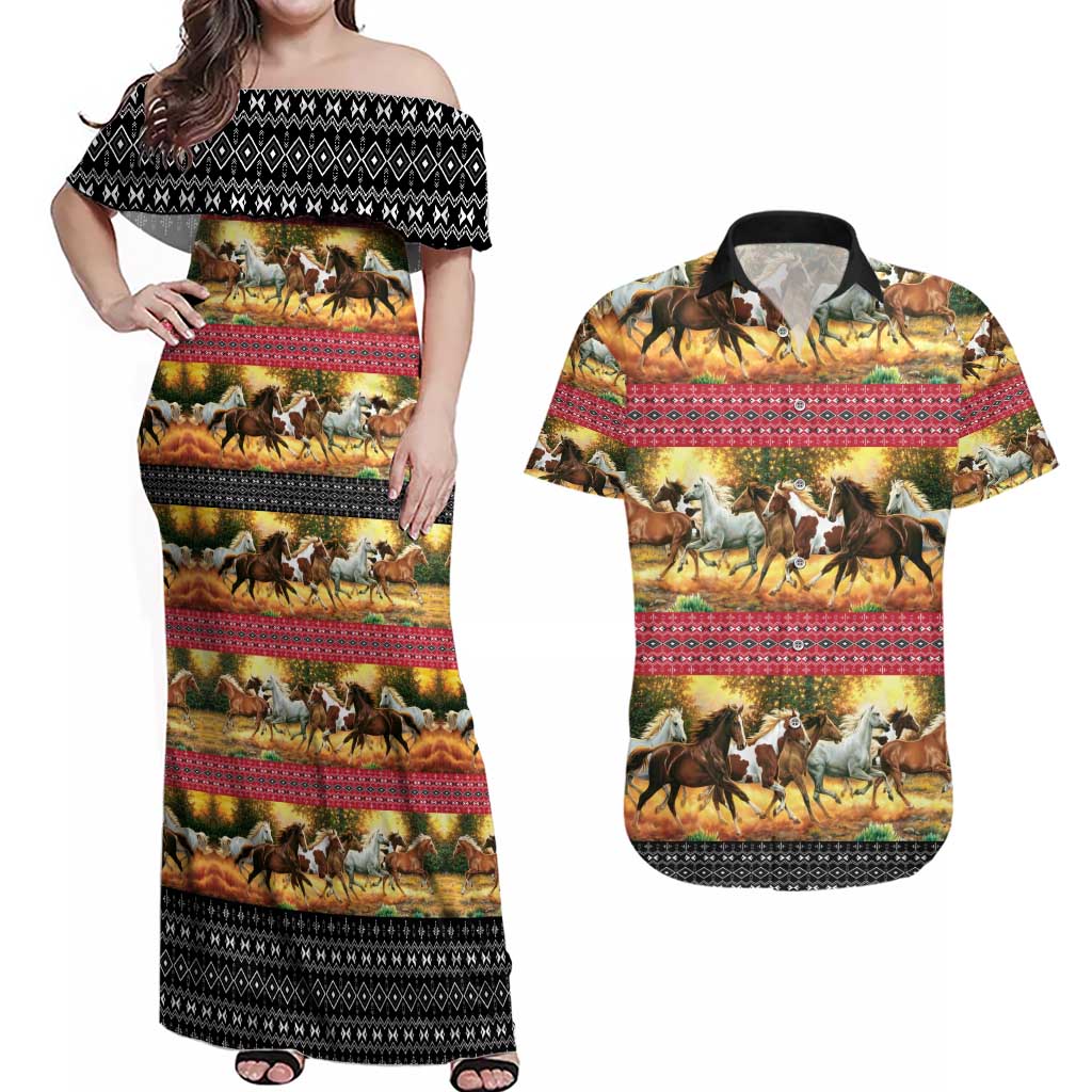 Horse Native American Pattern Christmas Christmas Couples Matching Off Shoulder Maxi Dress and Hawaiian Shirt Xmas Holiday Patterns - Wonder Print Shop