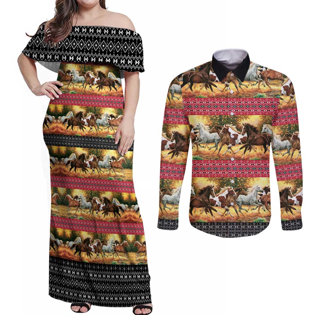 Horse Native American Pattern Christmas Christmas Couples Matching Off Shoulder Maxi Dress and Long Sleeve Button Shirt Xmas Holiday Patterns - Wonder Print Shop