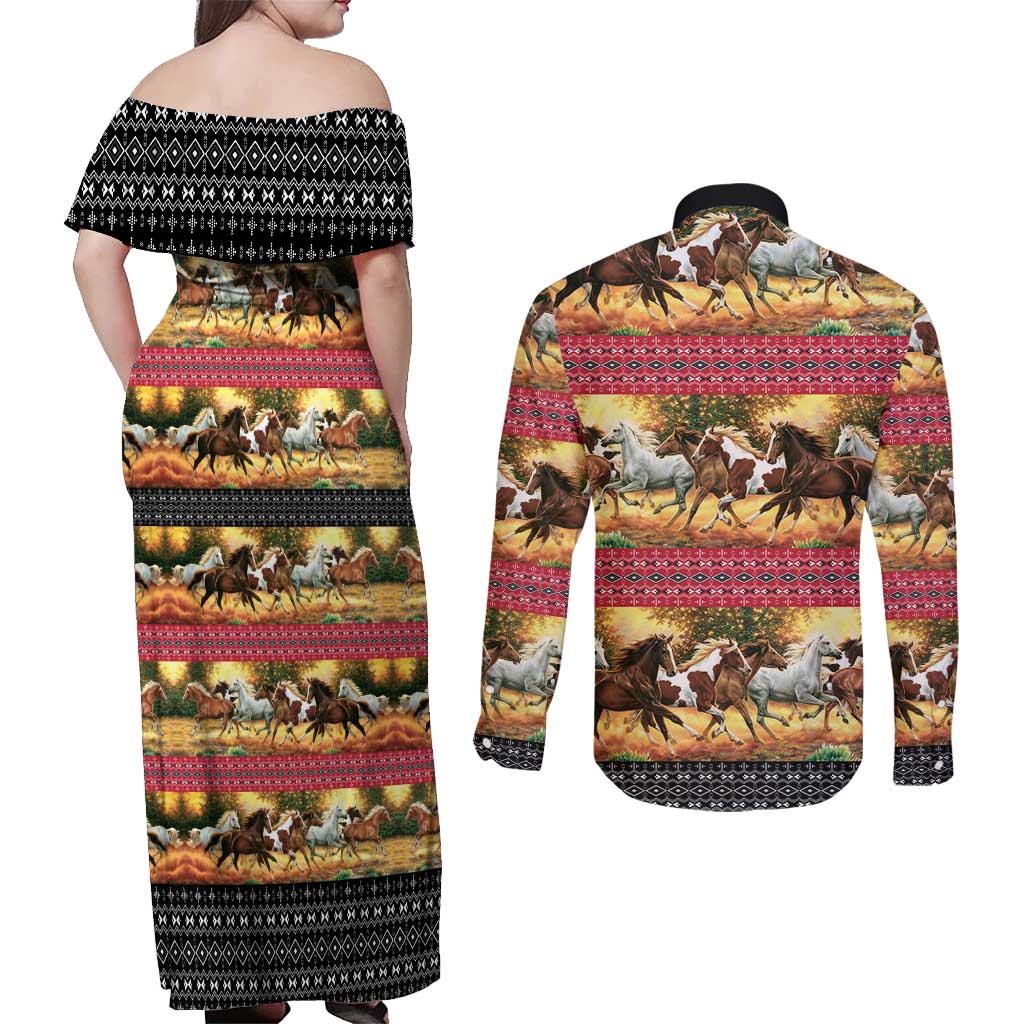 Horse Native American Pattern Christmas Christmas Couples Matching Off Shoulder Maxi Dress and Long Sleeve Button Shirt Xmas Holiday Patterns - Wonder Print Shop