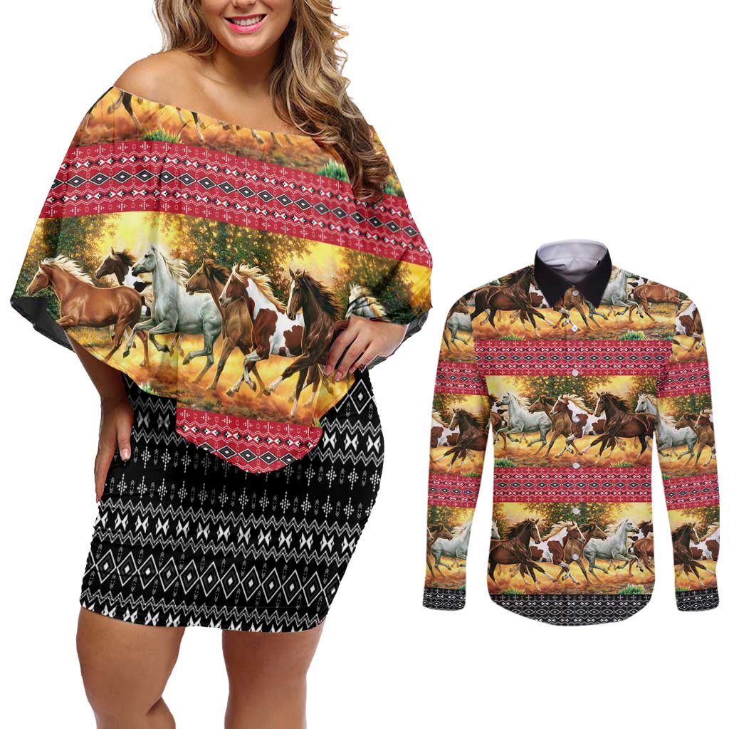Horse Native American Pattern Christmas Christmas Couples Matching Off Shoulder Short Dress and Long Sleeve Button Shirt Xmas Holiday Patterns - Wonder Print Shop