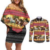 Horse Native American Pattern Christmas Christmas Couples Matching Off Shoulder Short Dress and Long Sleeve Button Shirt Xmas Holiday Patterns - Wonder Print Shop