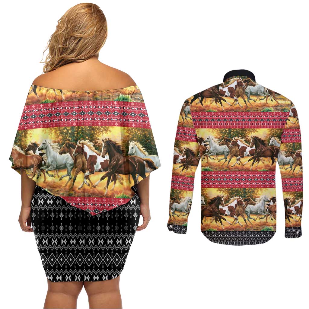 Horse Native American Pattern Christmas Christmas Couples Matching Off Shoulder Short Dress and Long Sleeve Button Shirt Xmas Holiday Patterns - Wonder Print Shop