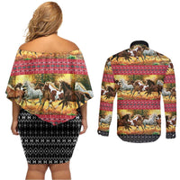 Horse Native American Pattern Christmas Christmas Couples Matching Off Shoulder Short Dress and Long Sleeve Button Shirt Xmas Holiday Patterns - Wonder Print Shop