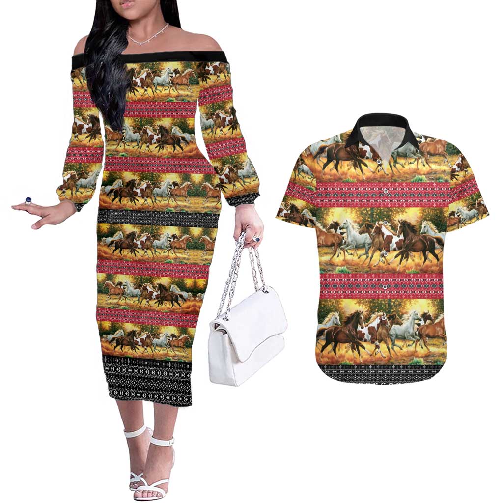 Horse Native American Pattern Christmas Christmas Couples Matching Off The Shoulder Long Sleeve Dress and Hawaiian Shirt Xmas Holiday Patterns - Wonder Print Shop