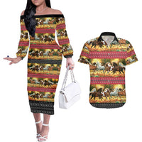 Horse Native American Pattern Christmas Christmas Couples Matching Off The Shoulder Long Sleeve Dress and Hawaiian Shirt Xmas Holiday Patterns - Wonder Print Shop