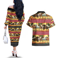 Horse Native American Pattern Christmas Christmas Couples Matching Off The Shoulder Long Sleeve Dress and Hawaiian Shirt Xmas Holiday Patterns - Wonder Print Shop