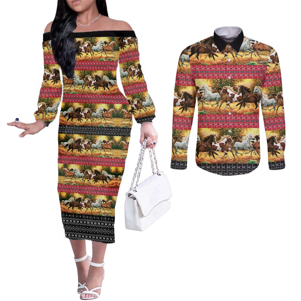 Horse Native American Pattern Christmas Christmas Couples Matching Off The Shoulder Long Sleeve Dress and Long Sleeve Button Shirt Xmas Holiday Patterns - Wonder Print Shop