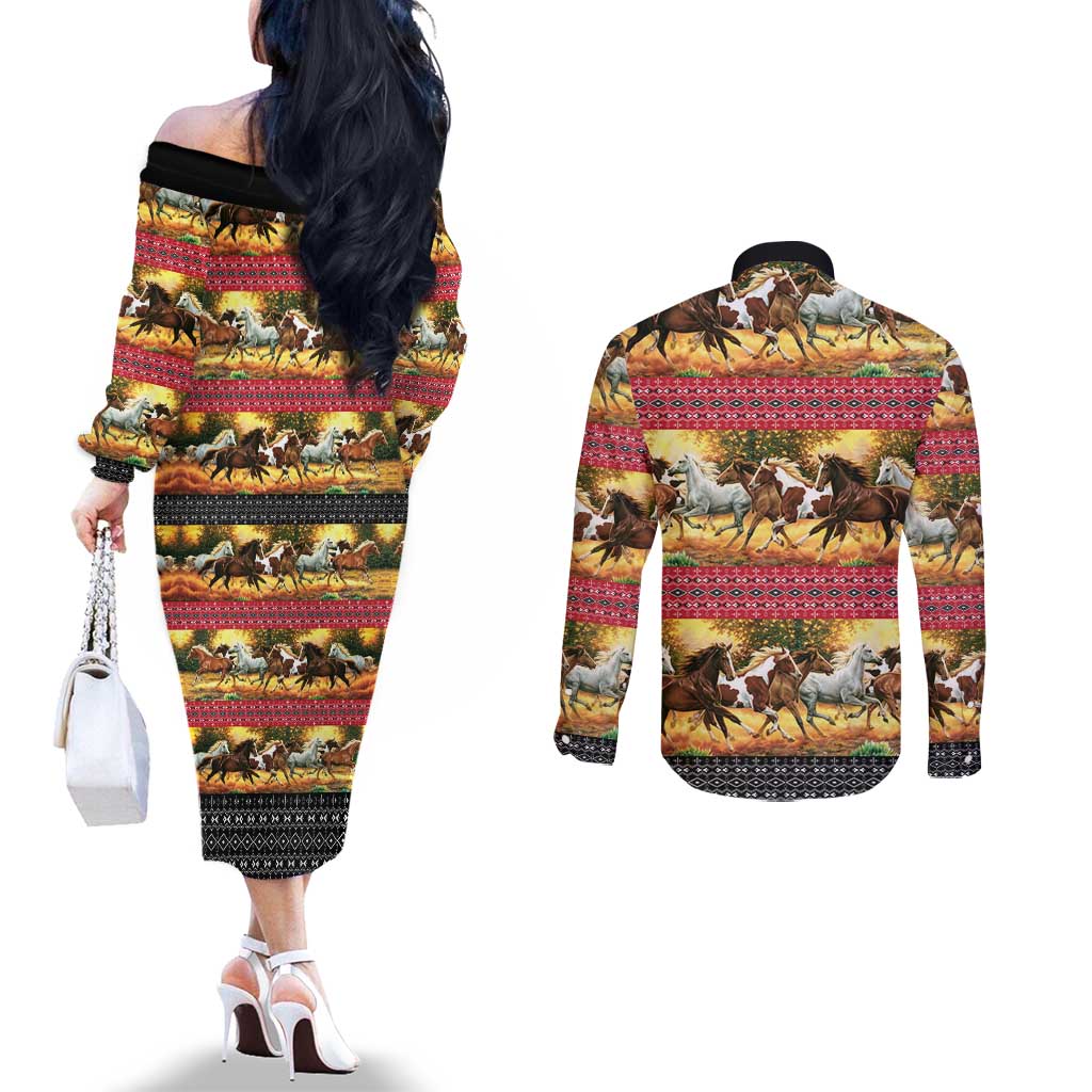 Horse Native American Pattern Christmas Christmas Couples Matching Off The Shoulder Long Sleeve Dress and Long Sleeve Button Shirt Xmas Holiday Patterns - Wonder Print Shop