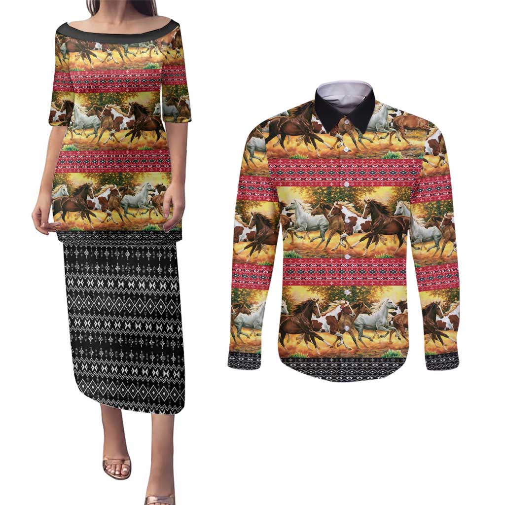 Horse Native American Pattern Christmas Christmas Couples Matching Puletasi and Long Sleeve Button Shirt Xmas Holiday Patterns - Wonder Print Shop