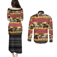 Horse Native American Pattern Christmas Christmas Couples Matching Puletasi and Long Sleeve Button Shirt Xmas Holiday Patterns - Wonder Print Shop