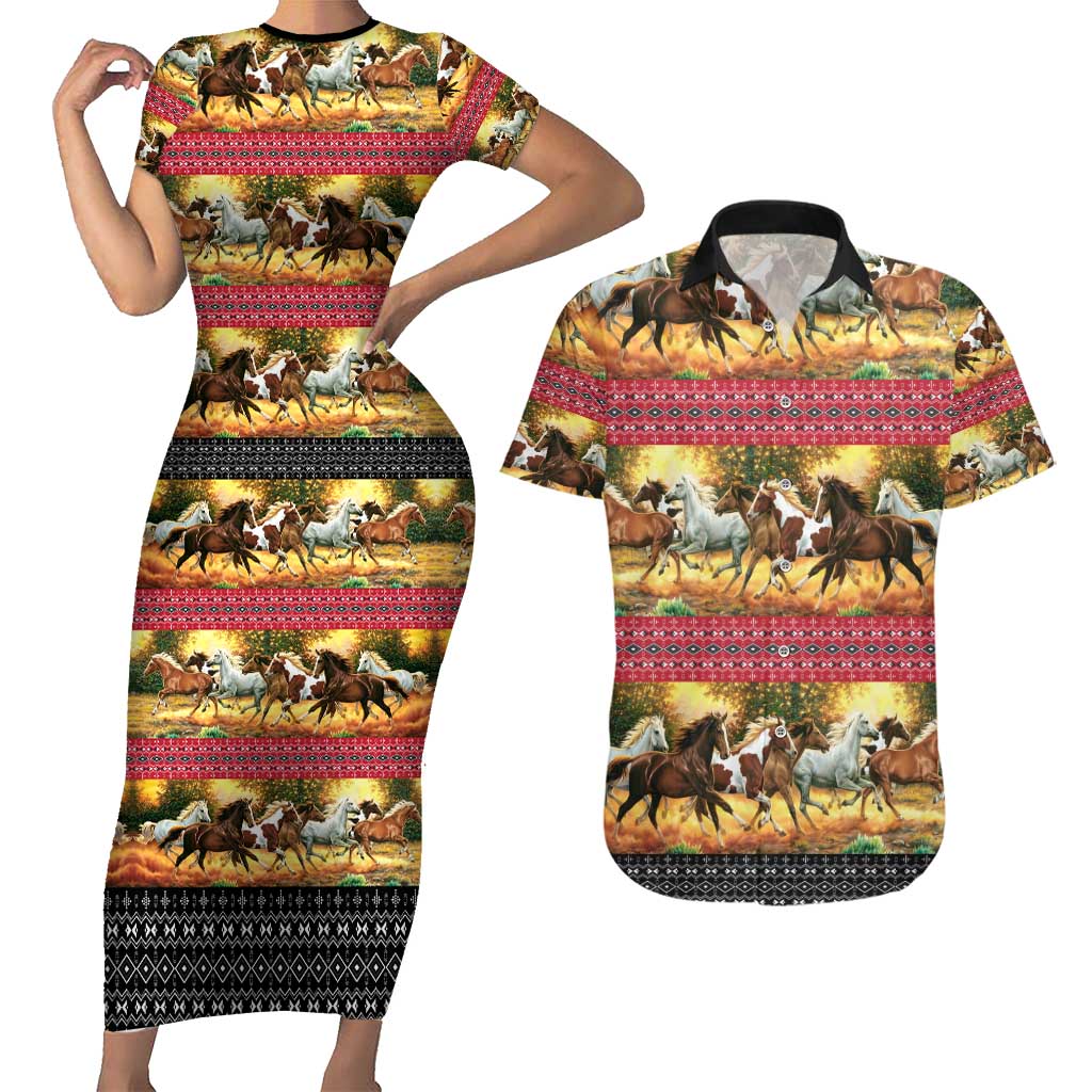 Horse Native American Pattern Christmas Christmas Couples Matching Short Sleeve Bodycon Dress and Hawaiian Shirt Xmas Holiday Patterns - Wonder Print Shop
