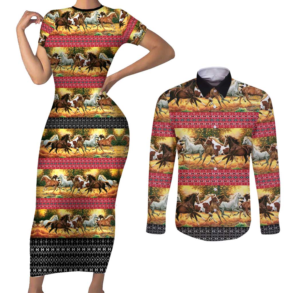 Horse Native American Pattern Christmas Christmas Couples Matching Short Sleeve Bodycon Dress and Long Sleeve Button Shirt Xmas Holiday Patterns - Wonder Print Shop