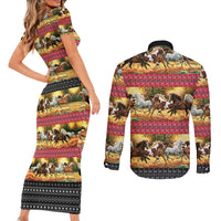 Horse Native American Pattern Christmas Christmas Couples Matching Short Sleeve Bodycon Dress and Long Sleeve Button Shirt Xmas Holiday Patterns - Wonder Print Shop