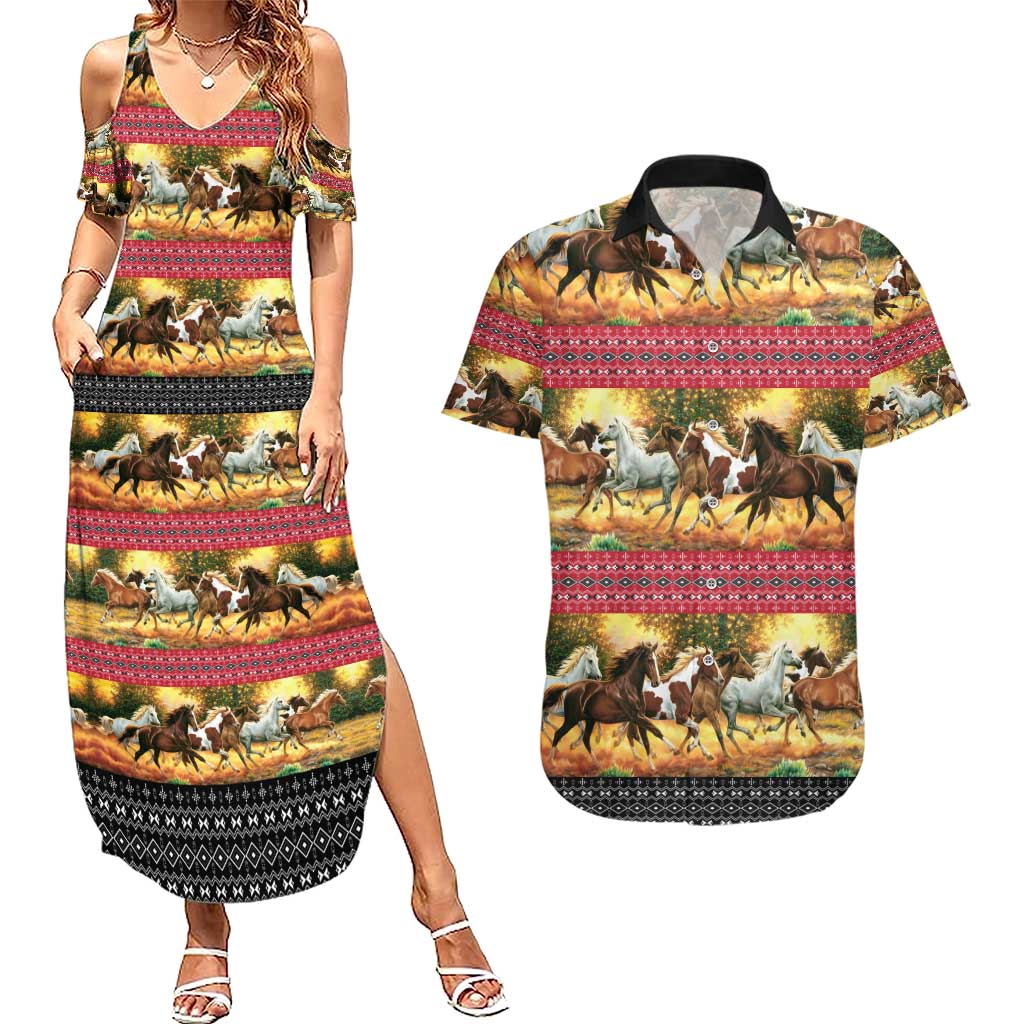 Horse Native American Pattern Christmas Christmas Couples Matching Summer Maxi Dress and Hawaiian Shirt Xmas Holiday Patterns - Wonder Print Shop