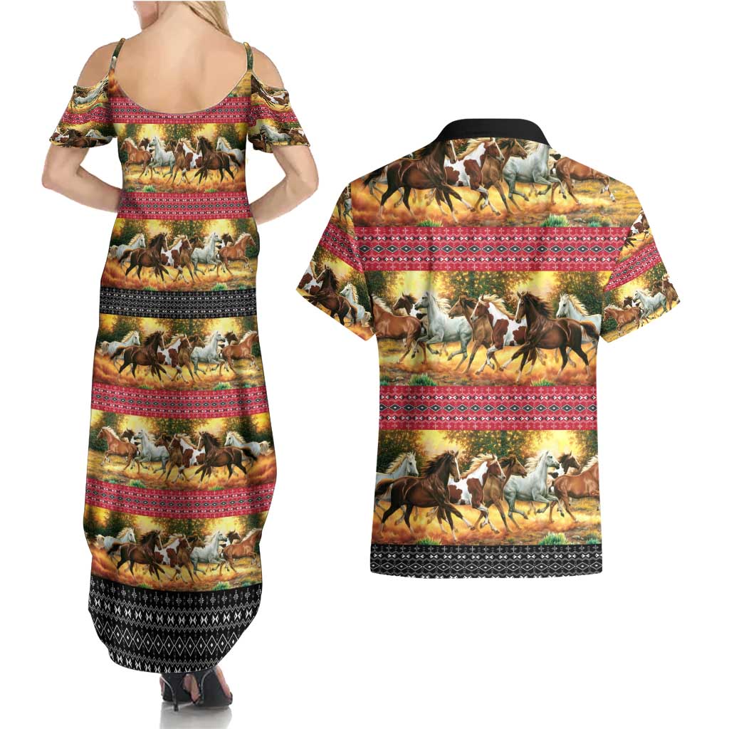 Horse Native American Pattern Christmas Christmas Couples Matching Summer Maxi Dress and Hawaiian Shirt Xmas Holiday Patterns - Wonder Print Shop