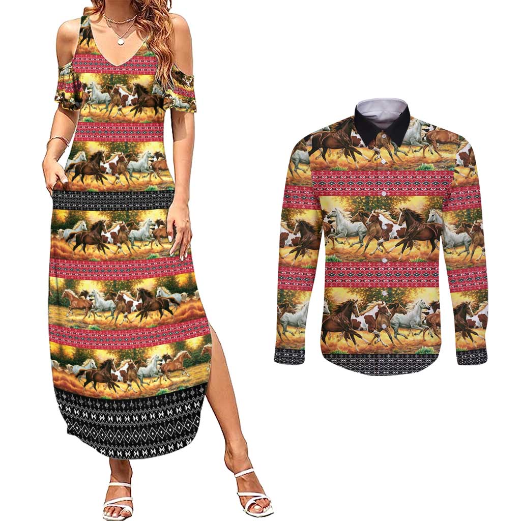 Horse Native American Pattern Christmas Christmas Couples Matching Summer Maxi Dress and Long Sleeve Button Shirt Xmas Holiday Patterns - Wonder Print Shop