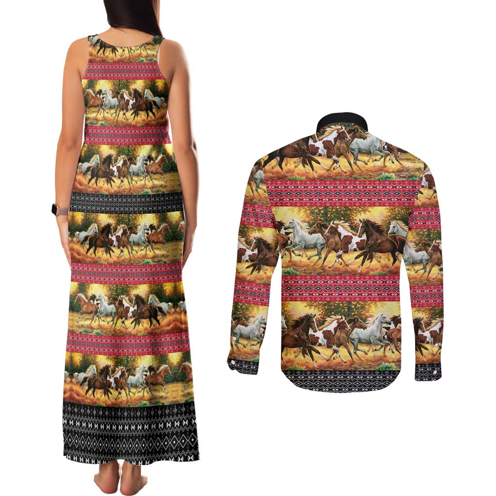 Horse Native American Pattern Christmas Christmas Couples Matching Tank Maxi Dress and Long Sleeve Button Shirt Xmas Holiday Patterns - Wonder Print Shop