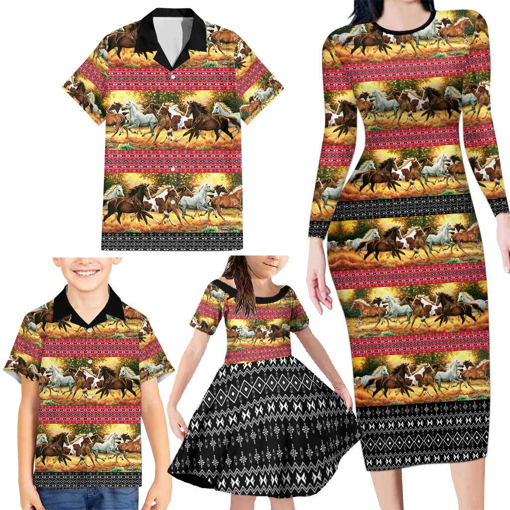 Horse Native American Pattern Christmas Christmas Family Matching Long Sleeve Bodycon Dress and Hawaiian Shirt Xmas Holiday Patterns - Wonder Print Shop