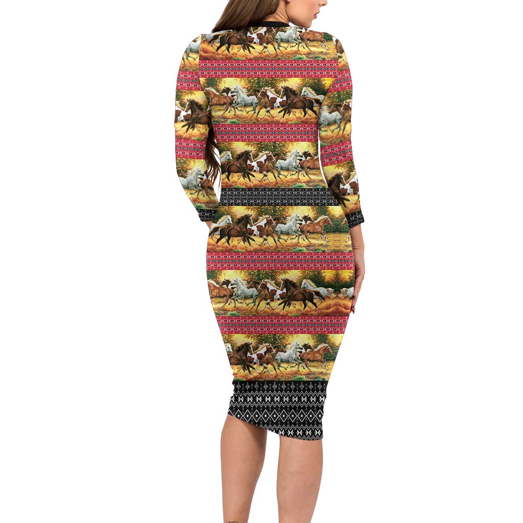 Horse Native American Pattern Christmas Christmas Family Matching Long Sleeve Bodycon Dress and Hawaiian Shirt Xmas Holiday Patterns - Wonder Print Shop