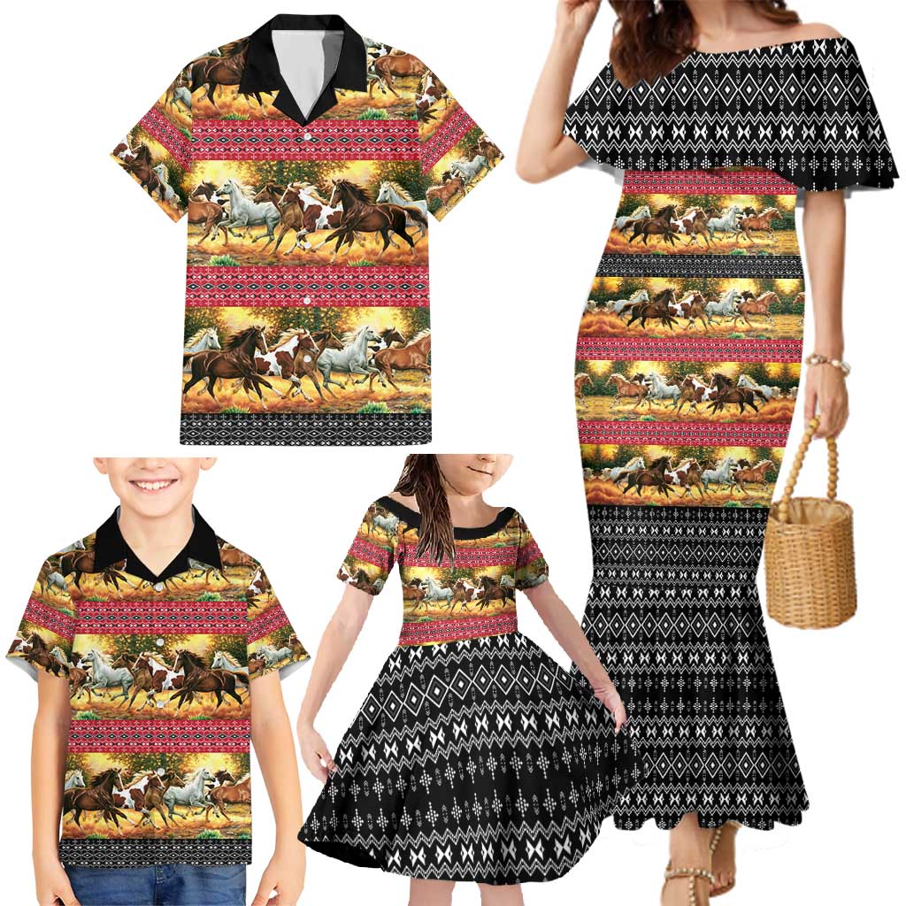 Horse Native American Pattern Christmas Christmas Family Matching Mermaid Dress and Hawaiian Shirt Xmas Holiday Patterns - Wonder Print Shop