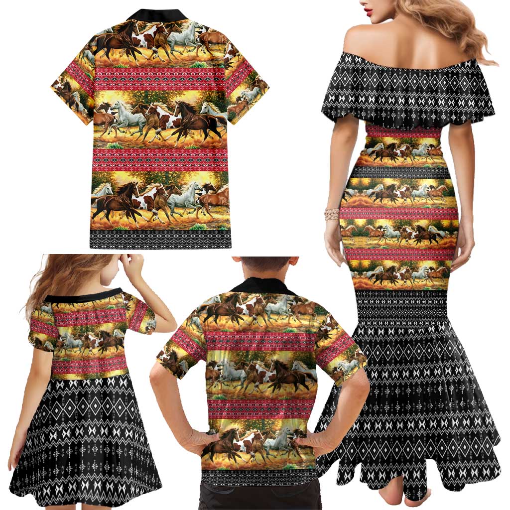 Horse Native American Pattern Christmas Christmas Family Matching Mermaid Dress and Hawaiian Shirt Xmas Holiday Patterns - Wonder Print Shop