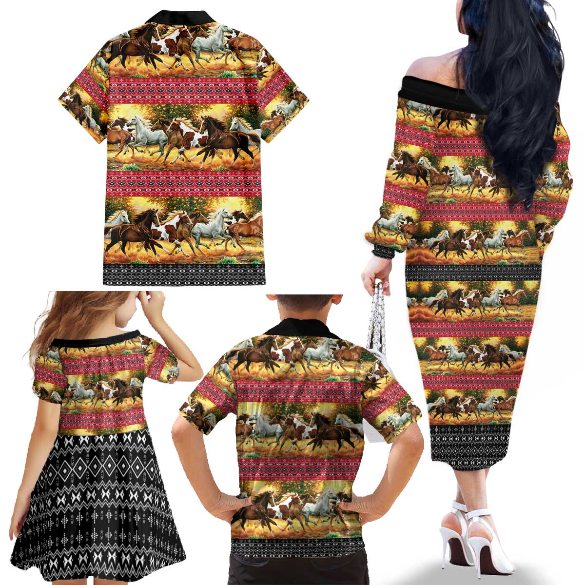 Horse Native American Pattern Christmas Christmas Family Matching Off The Shoulder Long Sleeve Dress and Hawaiian Shirt Xmas Holiday Patterns - Wonder Print Shop