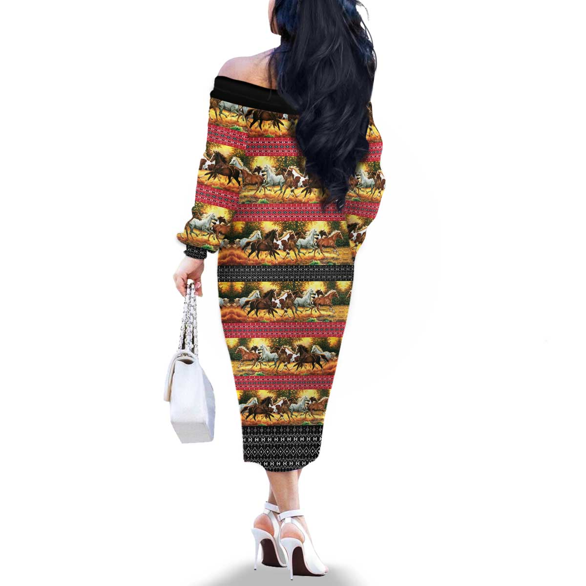 Horse Native American Pattern Christmas Christmas Family Matching Off The Shoulder Long Sleeve Dress and Hawaiian Shirt Xmas Holiday Patterns - Wonder Print Shop