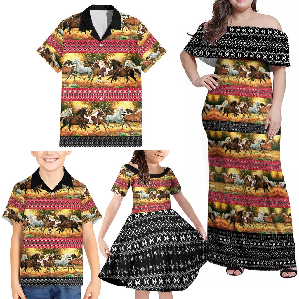 Horse Native American Pattern Christmas Christmas Family Matching Off Shoulder Maxi Dress and Hawaiian Shirt Xmas Holiday Patterns - Wonder Print Shop