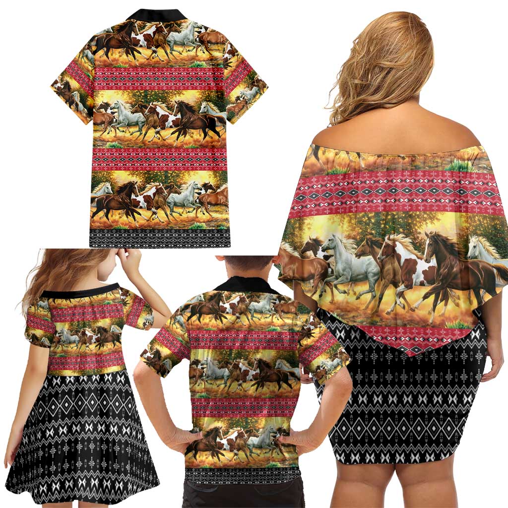 Horse Native American Pattern Christmas Christmas Family Matching Off Shoulder Short Dress and Hawaiian Shirt Xmas Holiday Patterns - Wonder Print Shop
