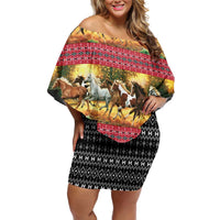 Horse Native American Pattern Christmas Christmas Family Matching Off Shoulder Short Dress and Hawaiian Shirt Xmas Holiday Patterns - Wonder Print Shop