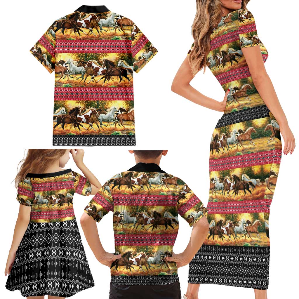 Horse Native American Pattern Christmas Christmas Family Matching Short Sleeve Bodycon Dress and Hawaiian Shirt Xmas Holiday Patterns - Wonder Print Shop