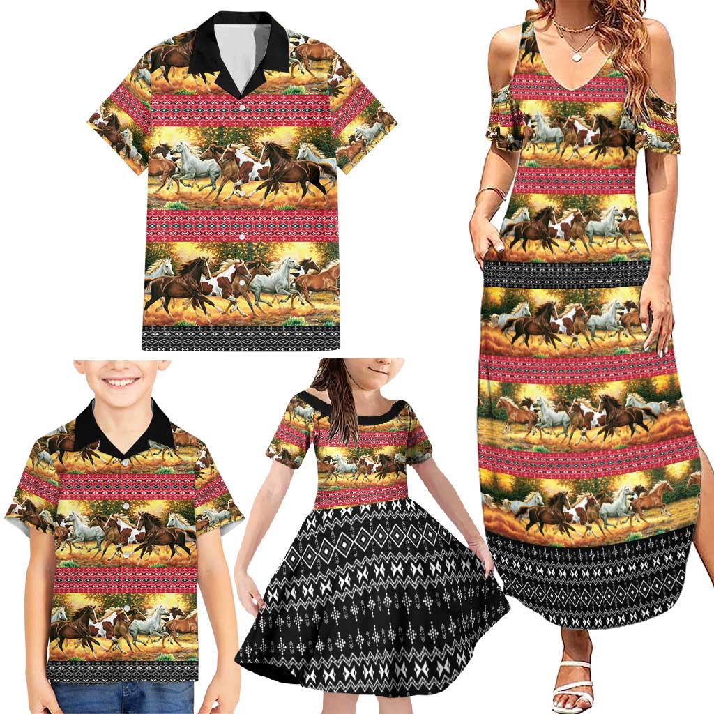 Horse Native American Pattern Christmas Christmas Family Matching Summer Maxi Dress and Hawaiian Shirt Xmas Holiday Patterns - Wonder Print Shop