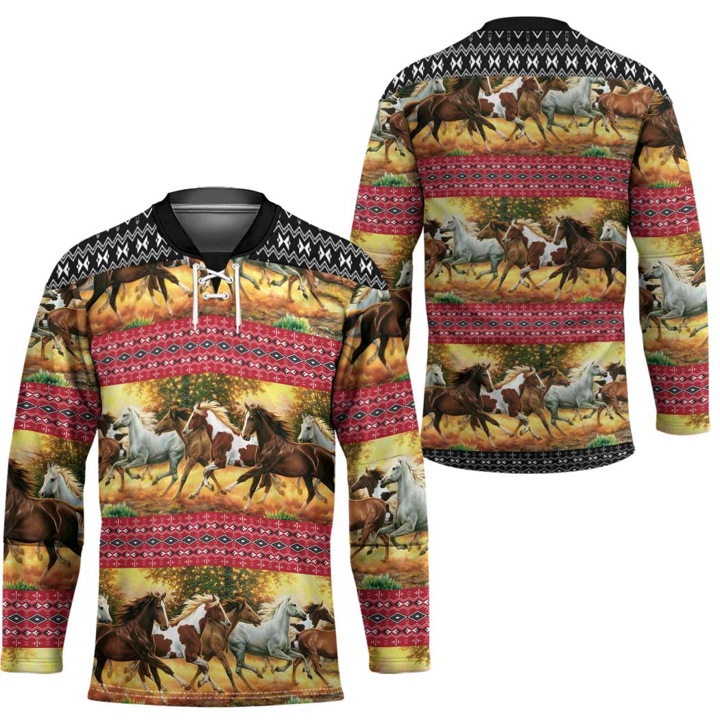 Horse Native American Pattern Christmas Christmas Hockey Jersey Xmas Holiday Patterns - Wonder Print Shop
