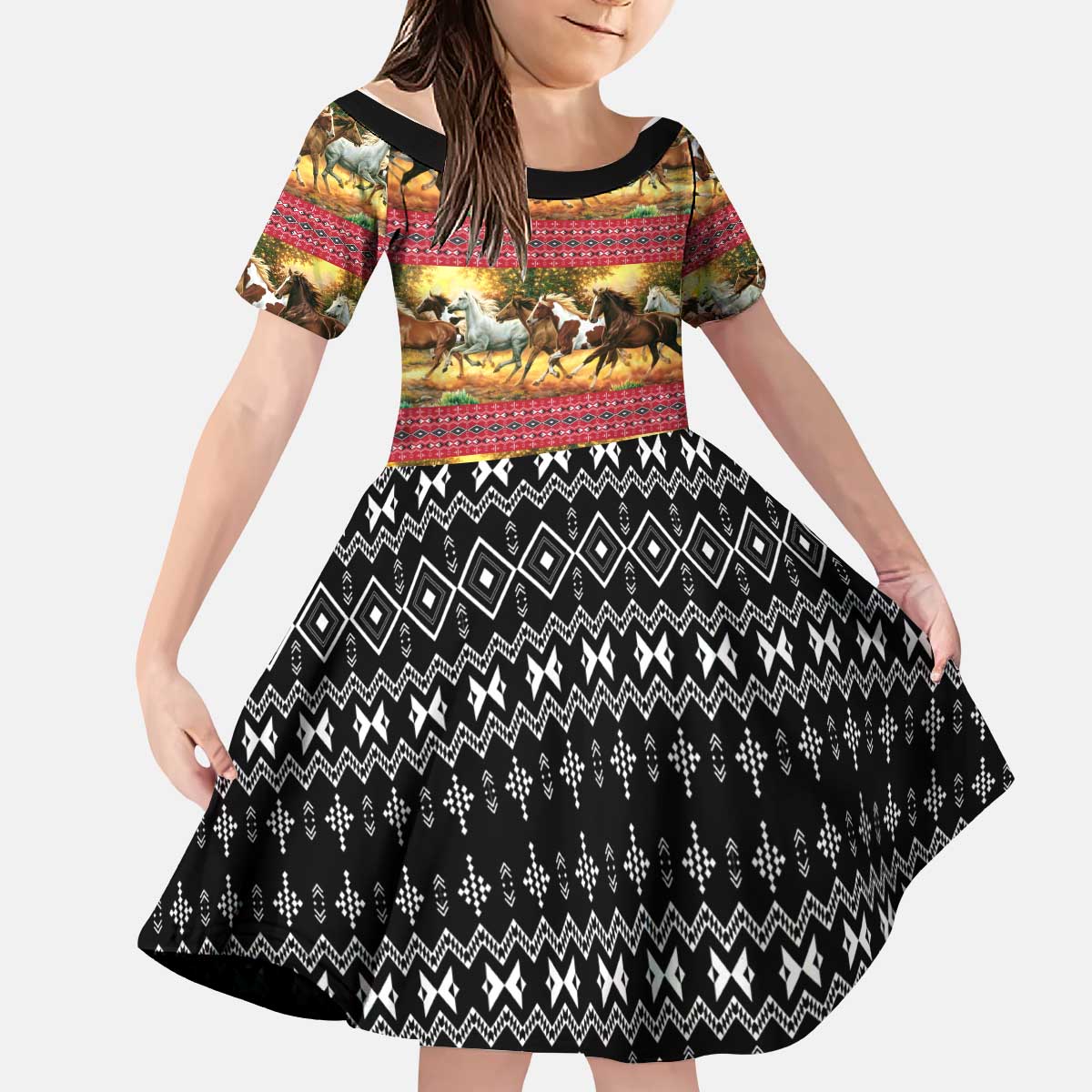 Horse Native American Pattern Christmas Christmas Kid Short Sleeve Dress Xmas Holiday Patterns - Wonder Print Shop