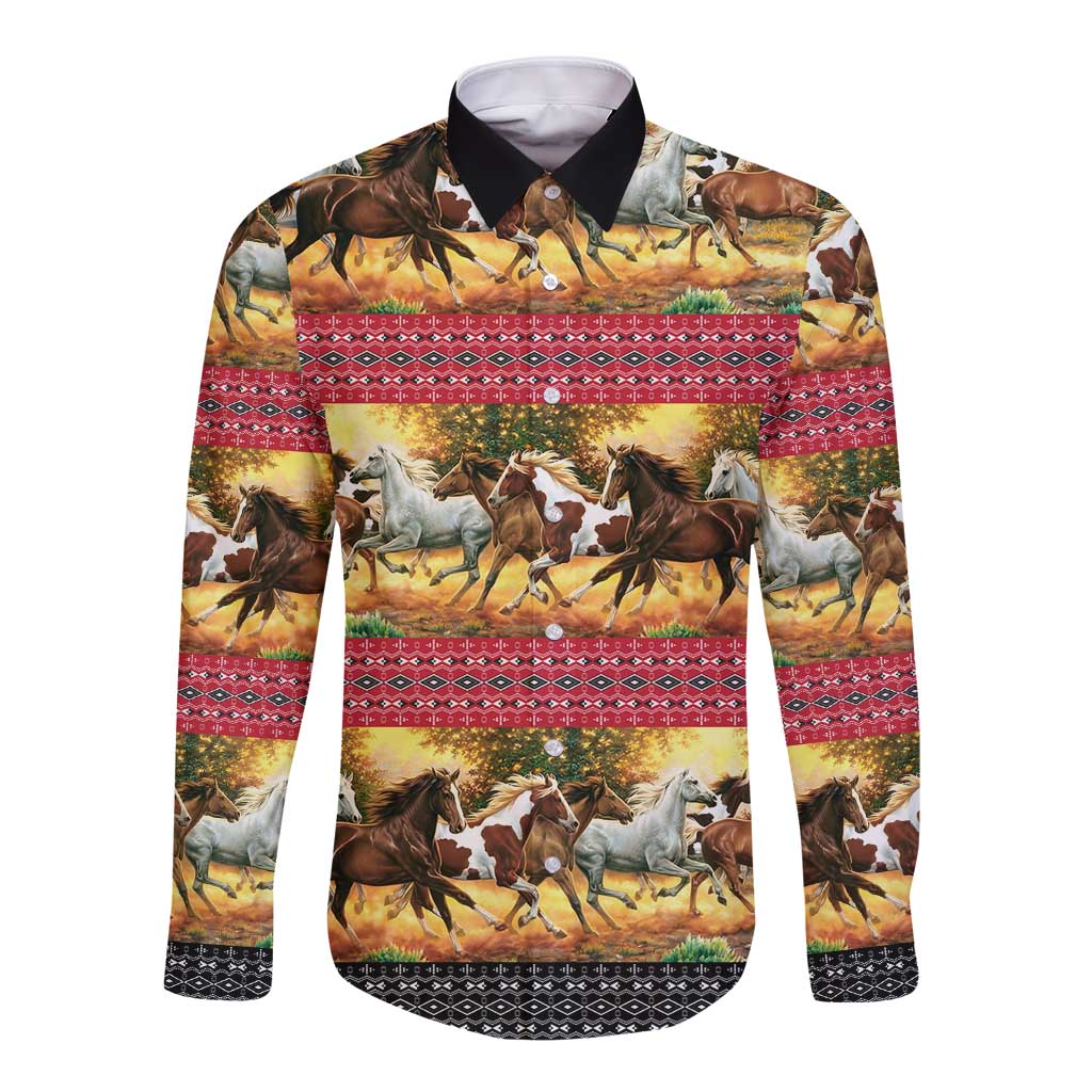 Horse Native American Pattern Christmas Christmas Long Sleeve Button Shirt Xmas Holiday Patterns - Wonder Print Shop