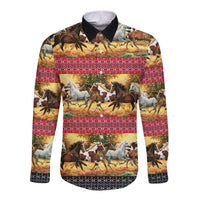 Horse Native American Pattern Christmas Christmas Long Sleeve Button Shirt Xmas Holiday Patterns - Wonder Print Shop