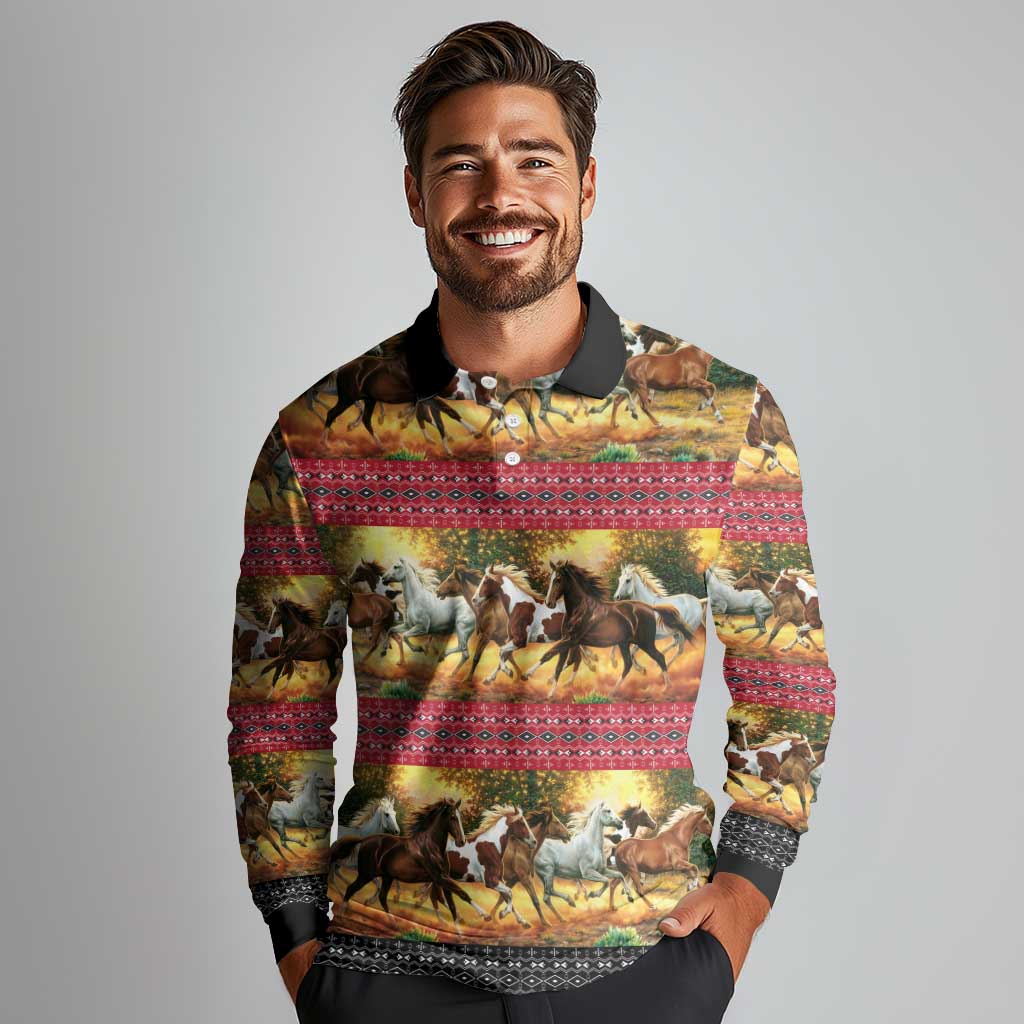 Horse Native American Pattern Christmas Christmas Long Sleeve Polo Shirt Xmas Holiday Patterns - Wonder Print Shop