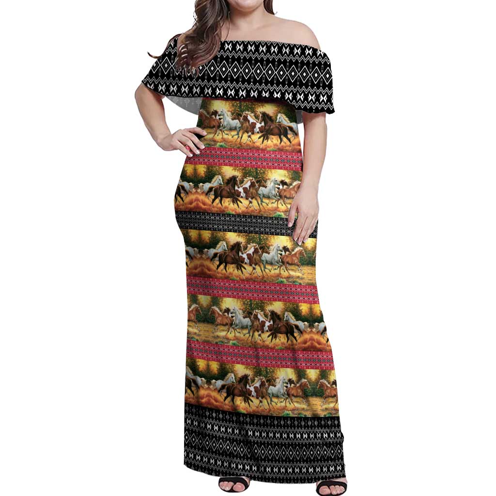 Horse Native American Pattern Christmas Christmas Off Shoulder Maxi Dress Xmas Holiday Patterns - Wonder Print Shop