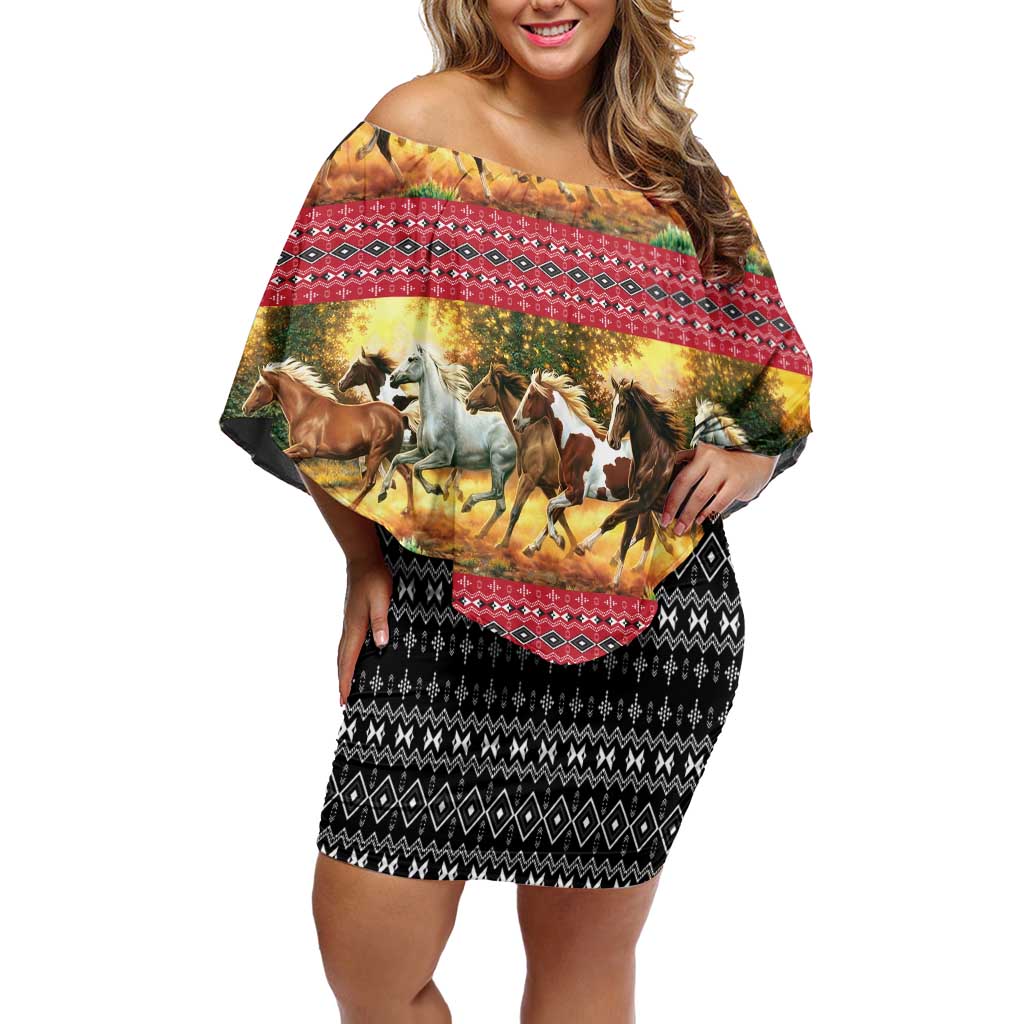 Horse Native American Pattern Christmas Christmas Off Shoulder Short Dress Xmas Holiday Patterns - Wonder Print Shop