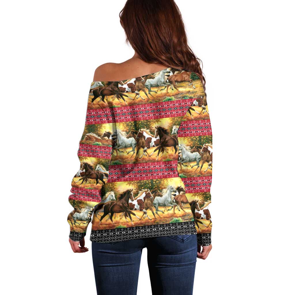 Horse Native American Pattern Christmas Christmas Off Shoulder Sweater Xmas Holiday Patterns - Wonder Print Shop