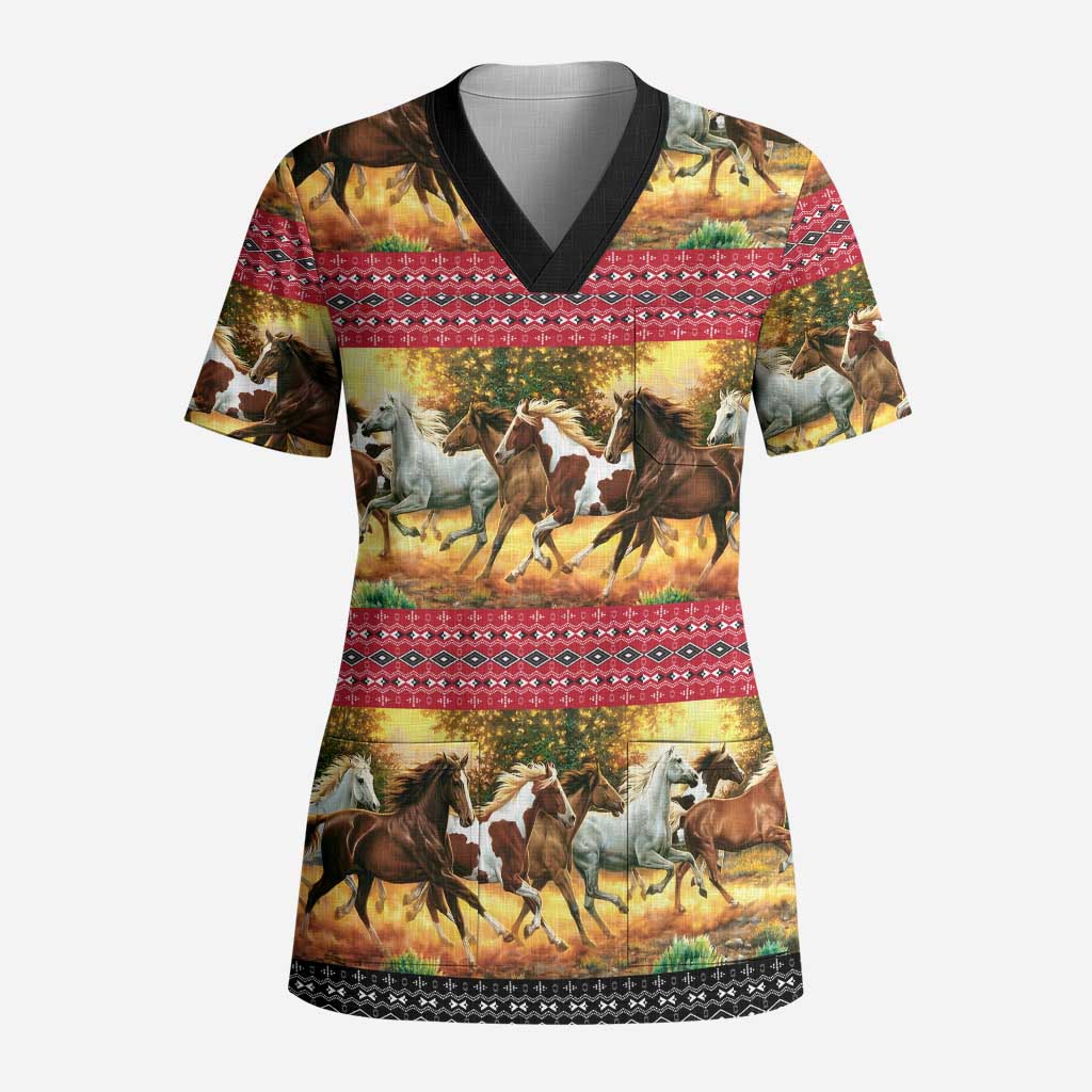 Horse Native American Pattern Christmas Christmas Scrub Top Xmas Holiday Patterns - undefined