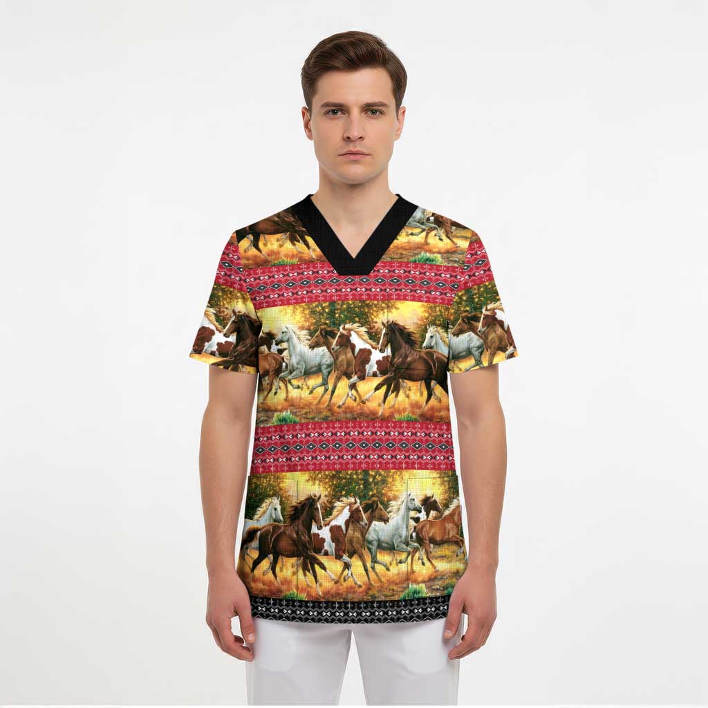 Horse Native American Pattern Christmas Christmas Scrub Top Xmas Holiday Patterns - undefined