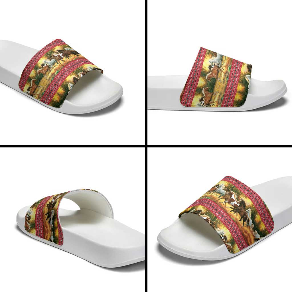Horse Native American Pattern Christmas Christmas Slide Sandals Xmas Holiday Patterns - Wonder Print Shop